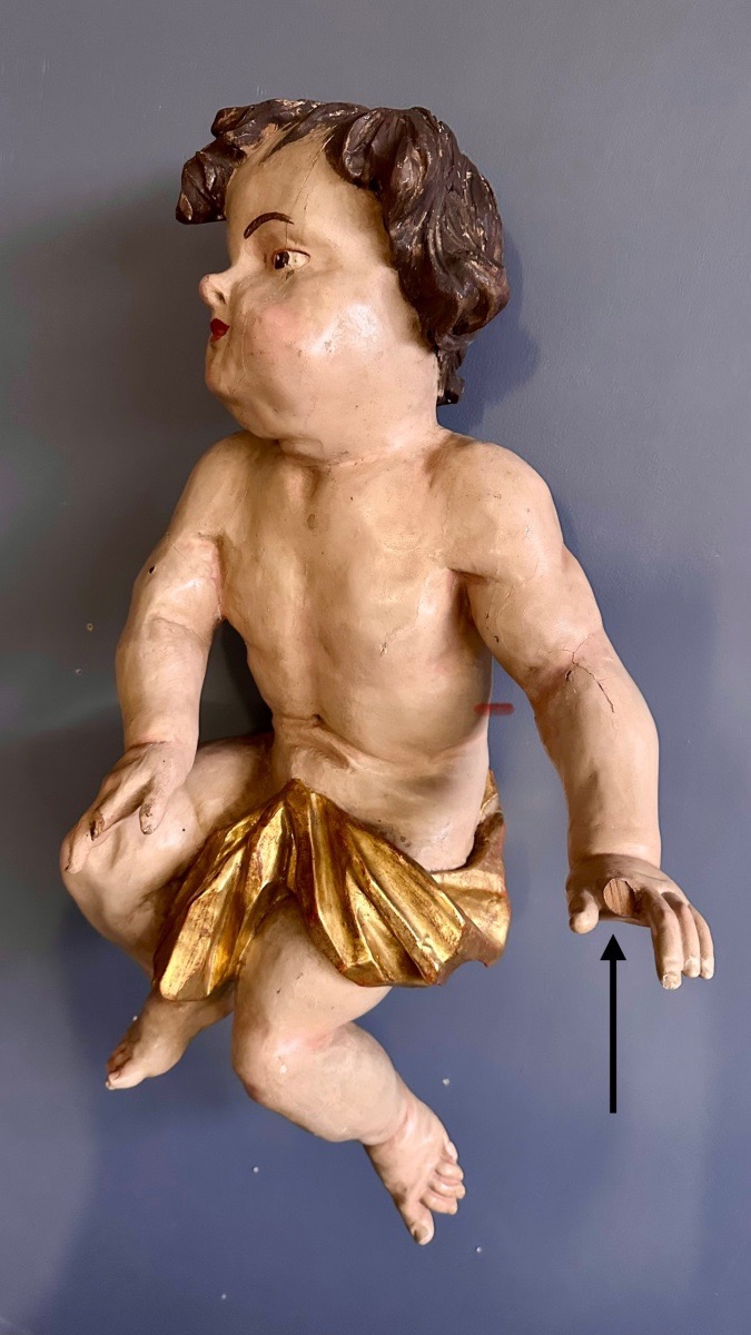 Carved And Polychrome Wood Sculpture – Putto / Curtain-holding Angel – Late 17th Century, Early 18th Century-photo-5