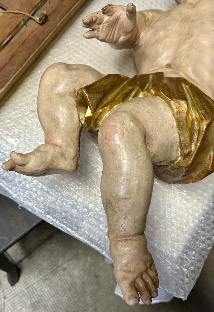 Carved And Polychrome Wood Sculpture – Putto / Curtain-holding Angel – Late 17th Century, Early 18th Century-photo-8