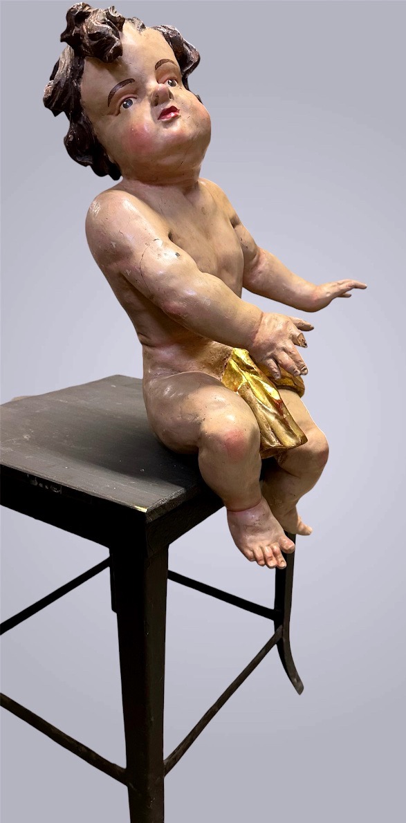 Carved And Polychrome Wood Sculpture – Putto / Curtain-holding Angel – Late 17th Century, Early 18th Century