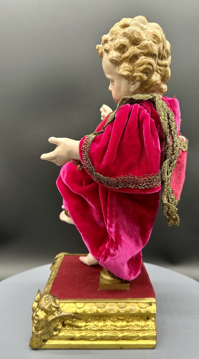 Polychrome Terracotta Baby Jesus With Glass Eyes On A Gilded Base – 19th Century-photo-2