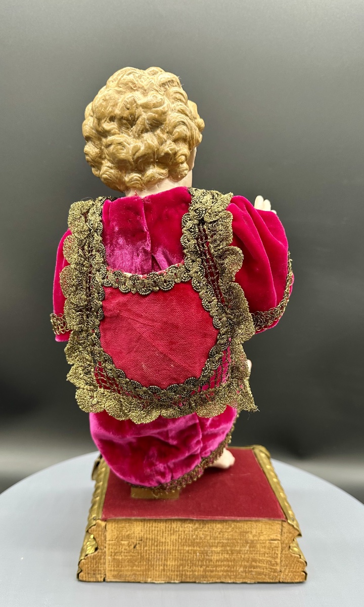 Polychrome Terracotta Baby Jesus With Glass Eyes On A Gilded Base – 19th Century-photo-3