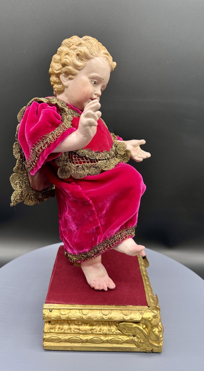 Polychrome Terracotta Baby Jesus With Glass Eyes On A Gilded Base – 19th Century-photo-4