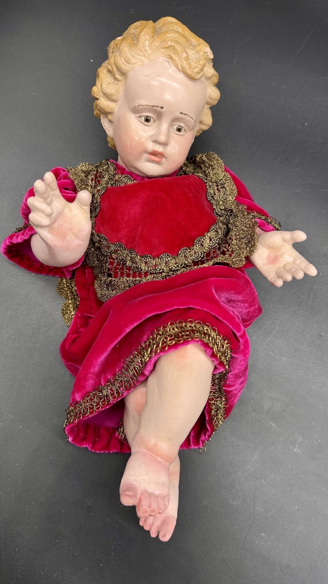 Polychrome Terracotta Baby Jesus With Glass Eyes On A Gilded Base – 19th Century-photo-6