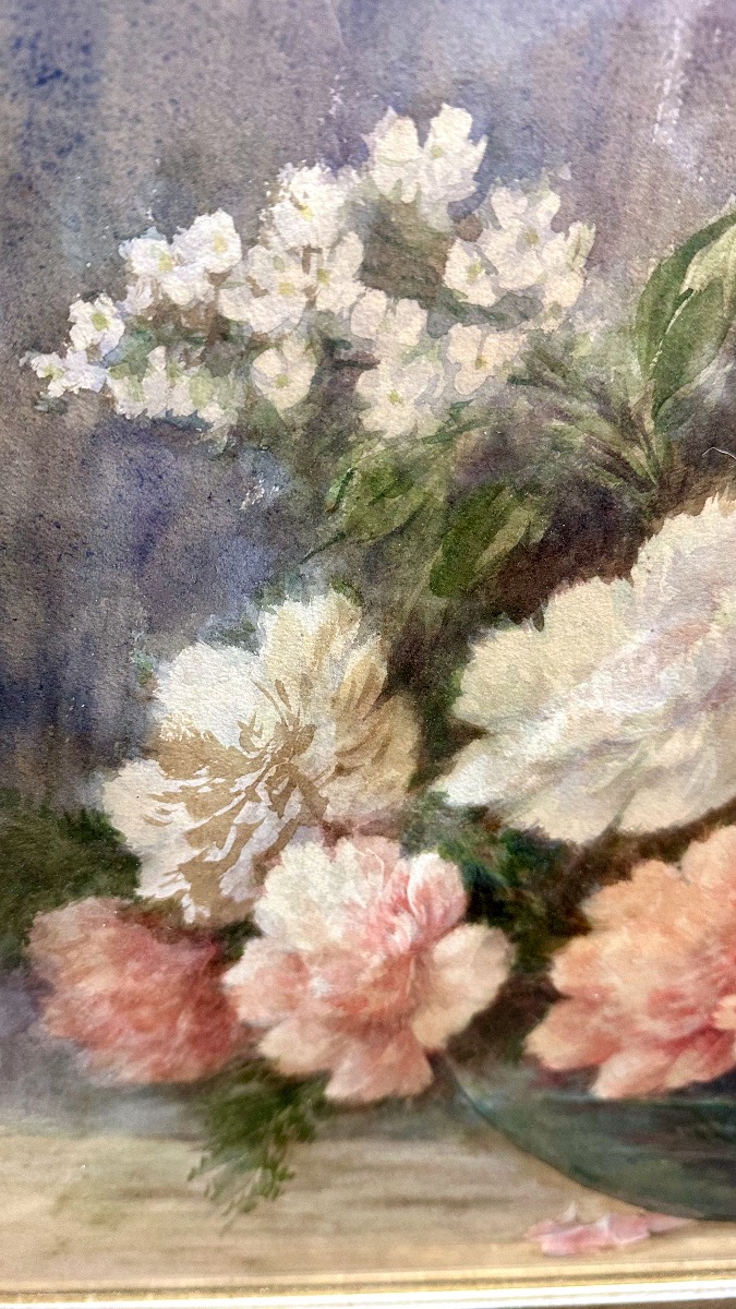 Aquarelle « Nature morte à la composition florale », signée Madeleine Renaud – XXe siècle.-photo-2