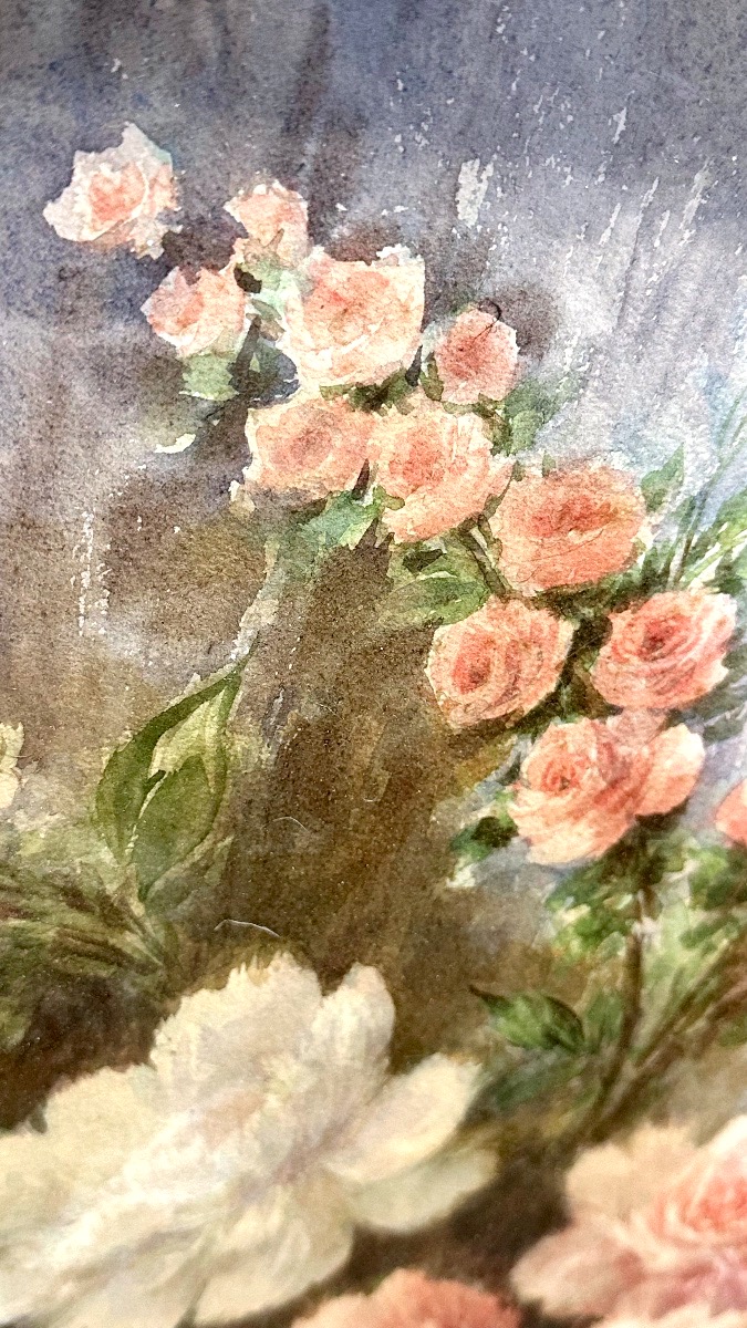 Aquarelle « Nature morte à la composition florale », signée Madeleine Renaud – XXe siècle.-photo-3