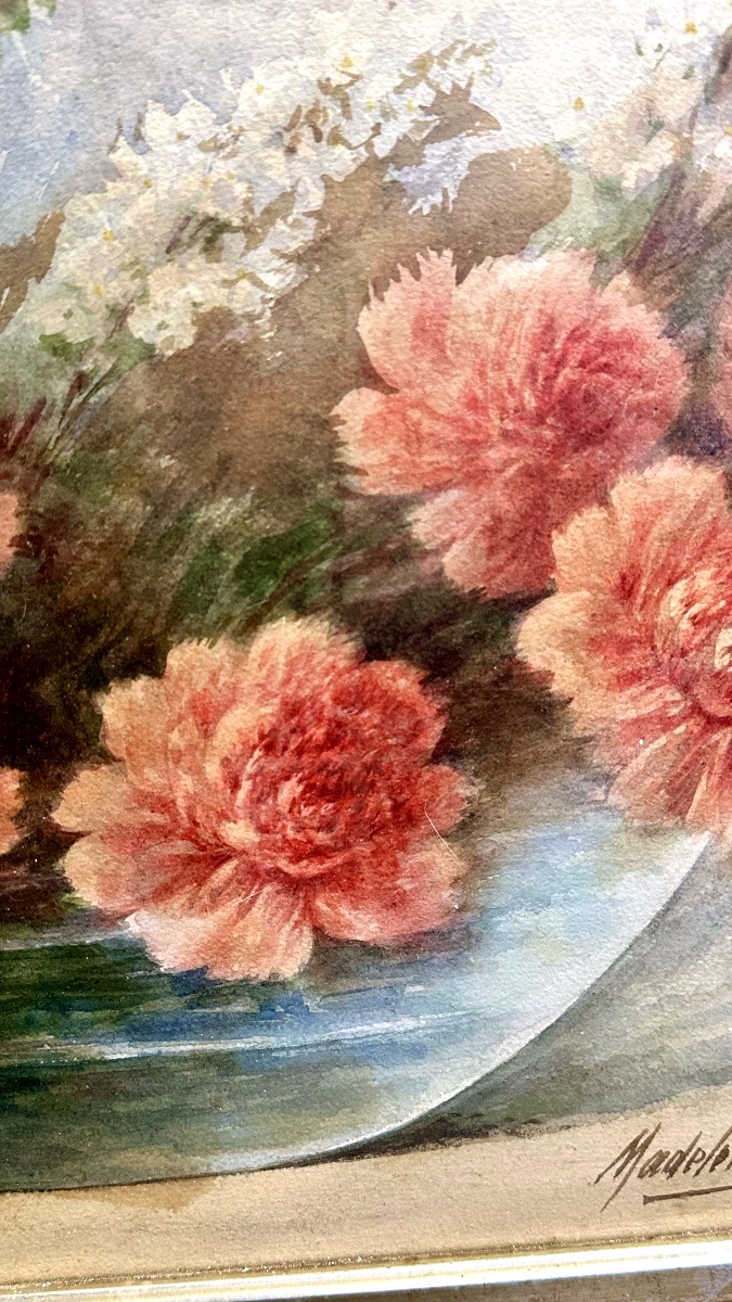 Aquarelle « Nature morte à la composition florale », signée Madeleine Renaud – XXe siècle.-photo-4