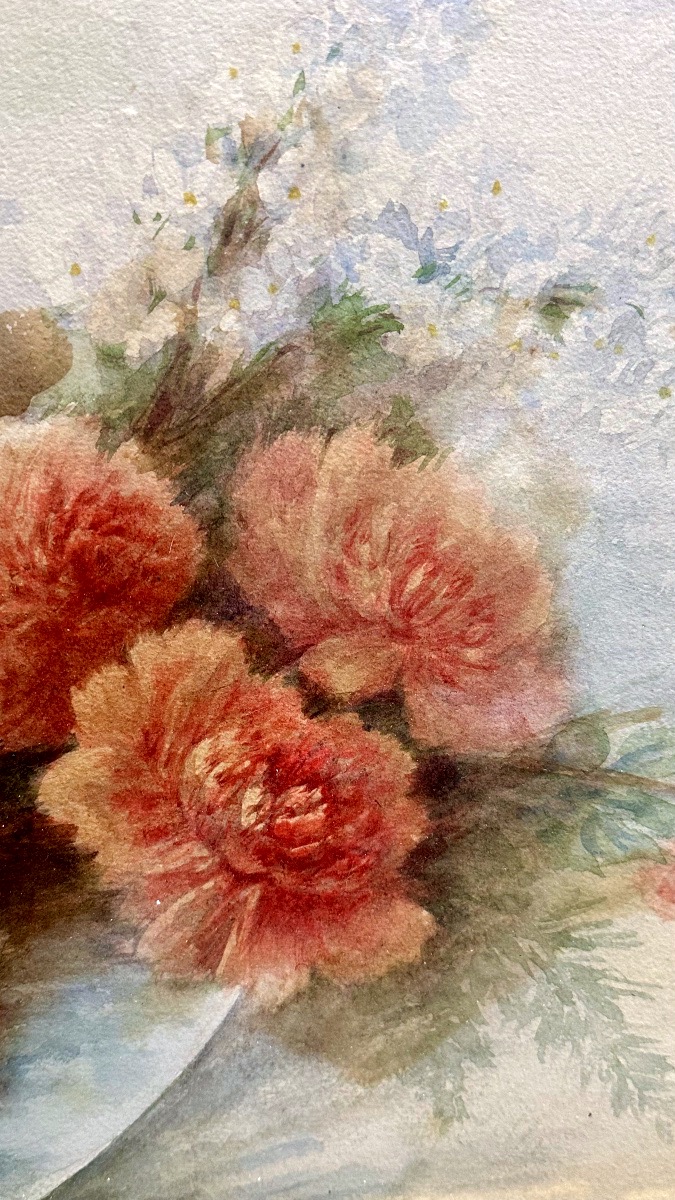 Aquarelle « Nature morte à la composition florale », signée Madeleine Renaud – XXe siècle.-photo-1