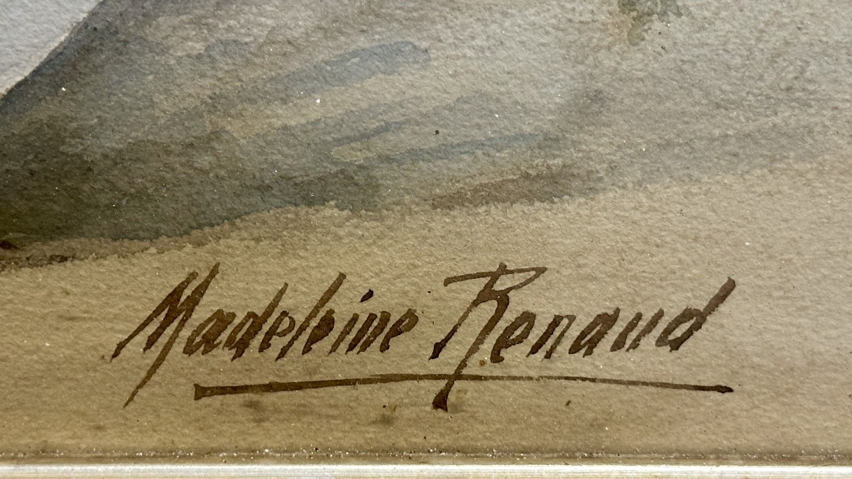 Aquarelle « Nature morte à la composition florale », signée Madeleine Renaud – XXe siècle.-photo-2