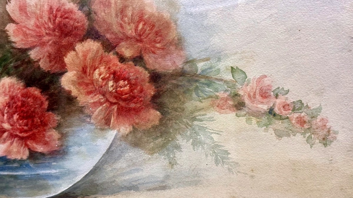 Aquarelle « Nature morte à la composition florale », signée Madeleine Renaud – XXe siècle.-photo-3