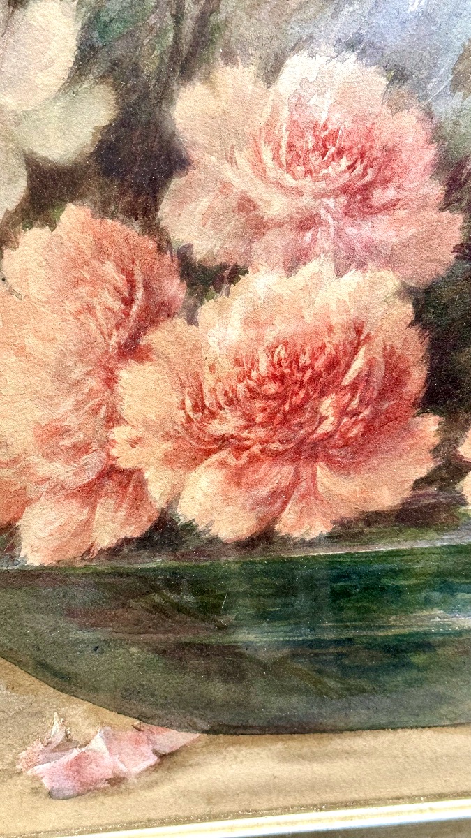 Aquarelle « Nature morte à la composition florale », signée Madeleine Renaud – XXe siècle.-photo-4