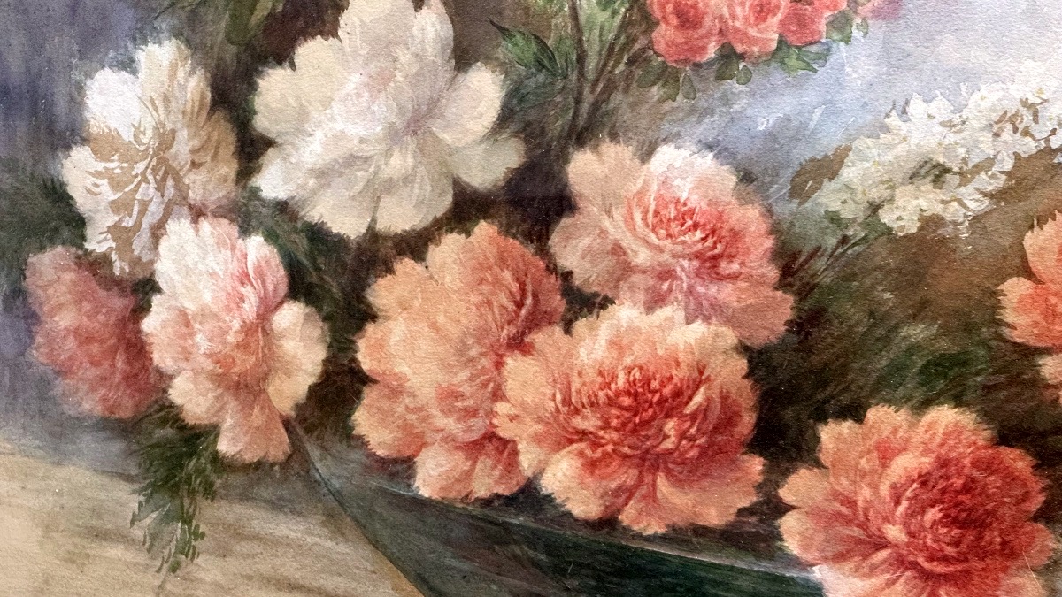 Aquarelle « Nature morte à la composition florale », signée Madeleine Renaud – XXe siècle.-photo-5