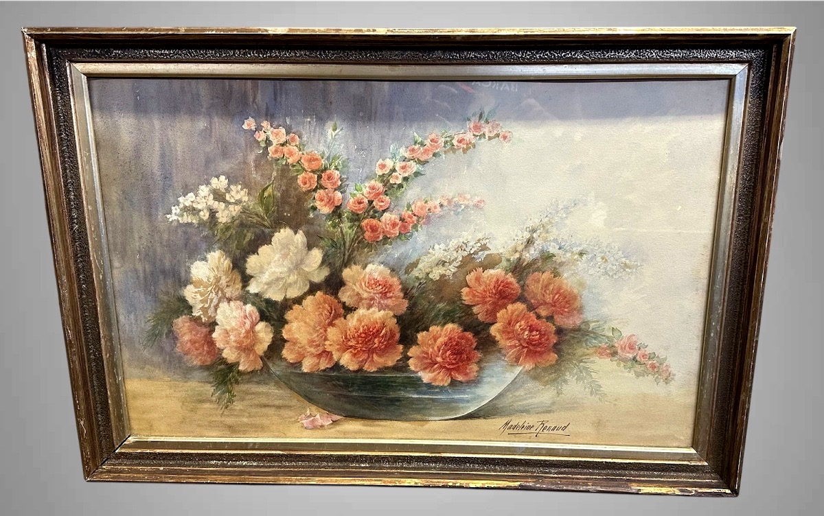 Aquarelle « Nature morte à la composition florale », signée Madeleine Renaud – XXe siècle.