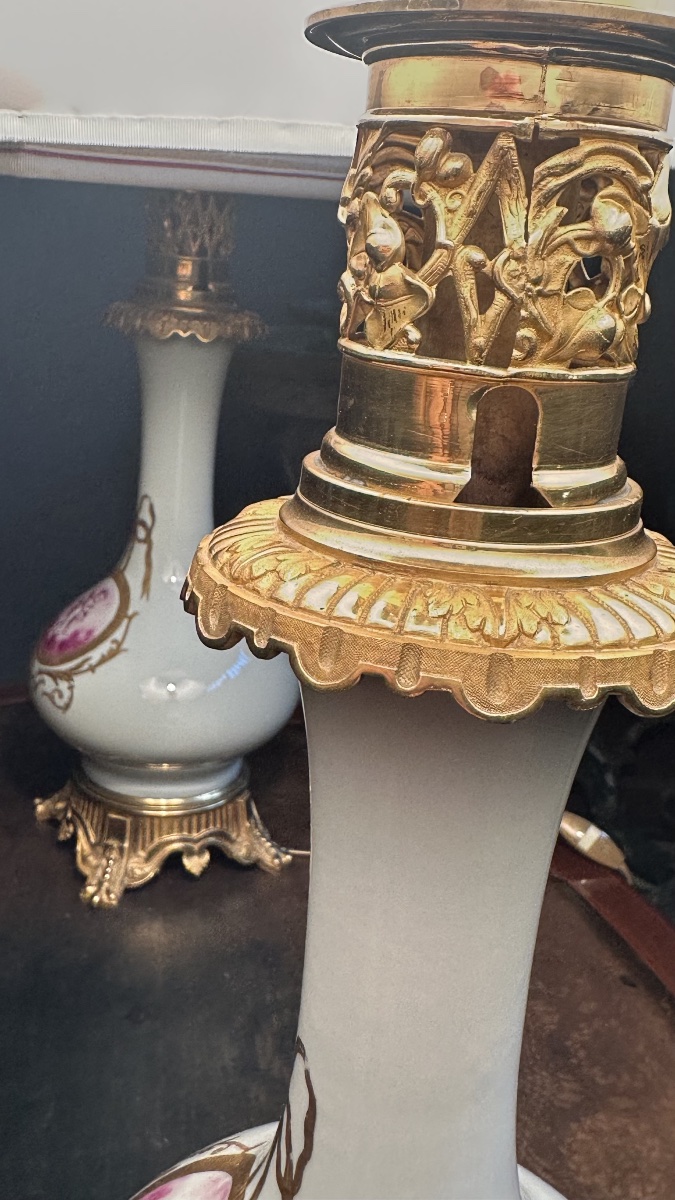 Paire de lampes à poser en porcelaine céladon et bronze doré – XIXe siècle-photo-2