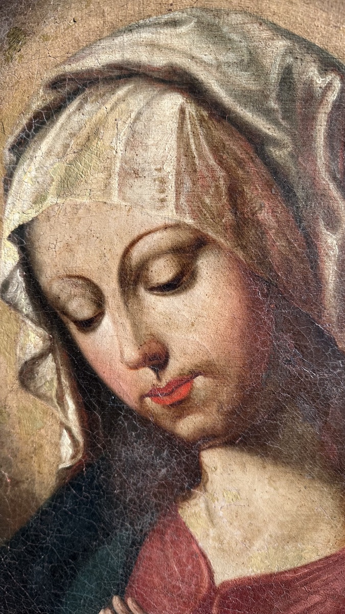 Tableau de dévotion représentant la Vierge en prière – Huile sur toile – XVIIe siècle-photo-2
