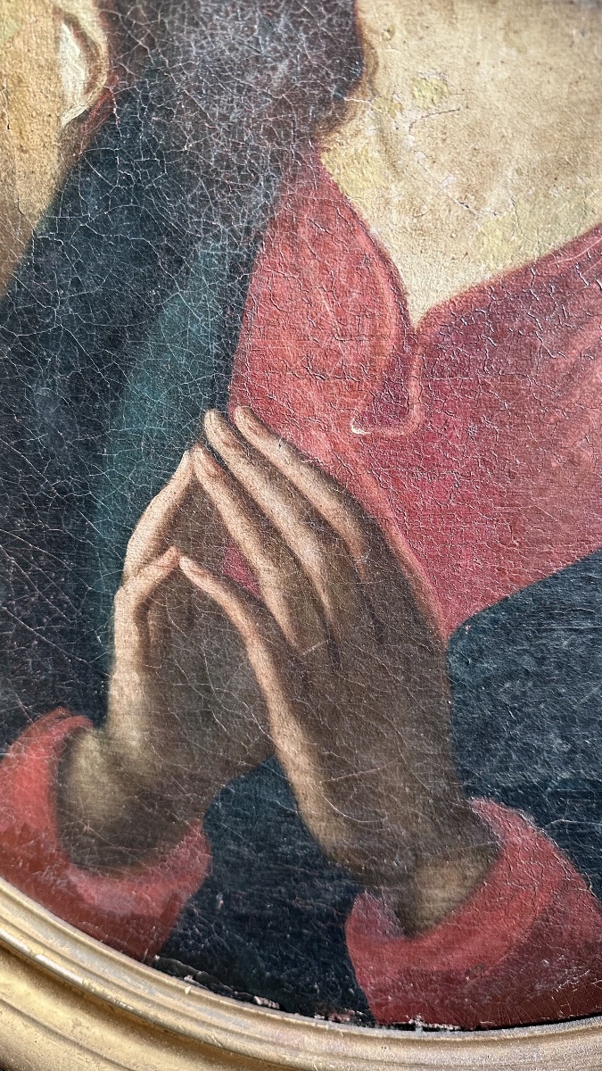 Tableau de dévotion représentant la Vierge en prière – Huile sur toile – XVIIe siècle-photo-3