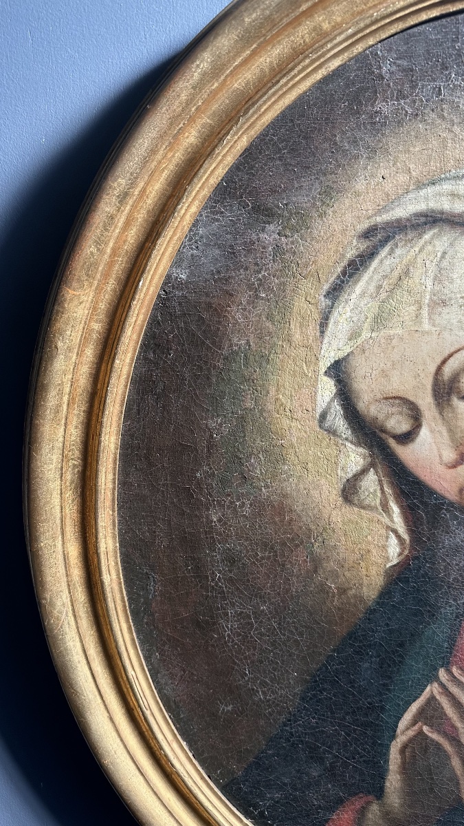 Tableau de dévotion représentant la Vierge en prière – Huile sur toile – XVIIe siècle-photo-2
