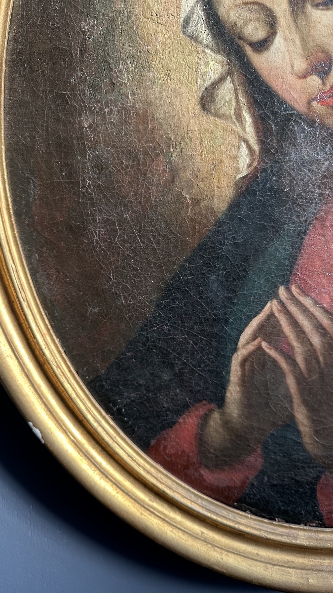 Tableau de dévotion représentant la Vierge en prière – Huile sur toile – XVIIe siècle-photo-3
