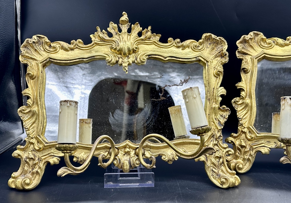 Paire d'appliques-miroirs en bronze doré – Italie, fin du XIXe siècle, style Louis XV-photo-2