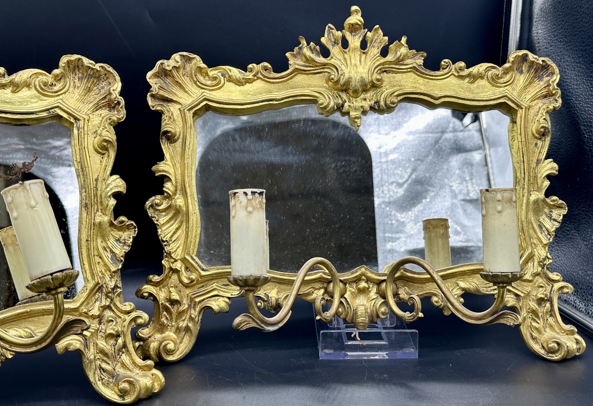 Paire d'appliques-miroirs en bronze doré – Italie, fin du XIXe siècle, style Louis XV-photo-3