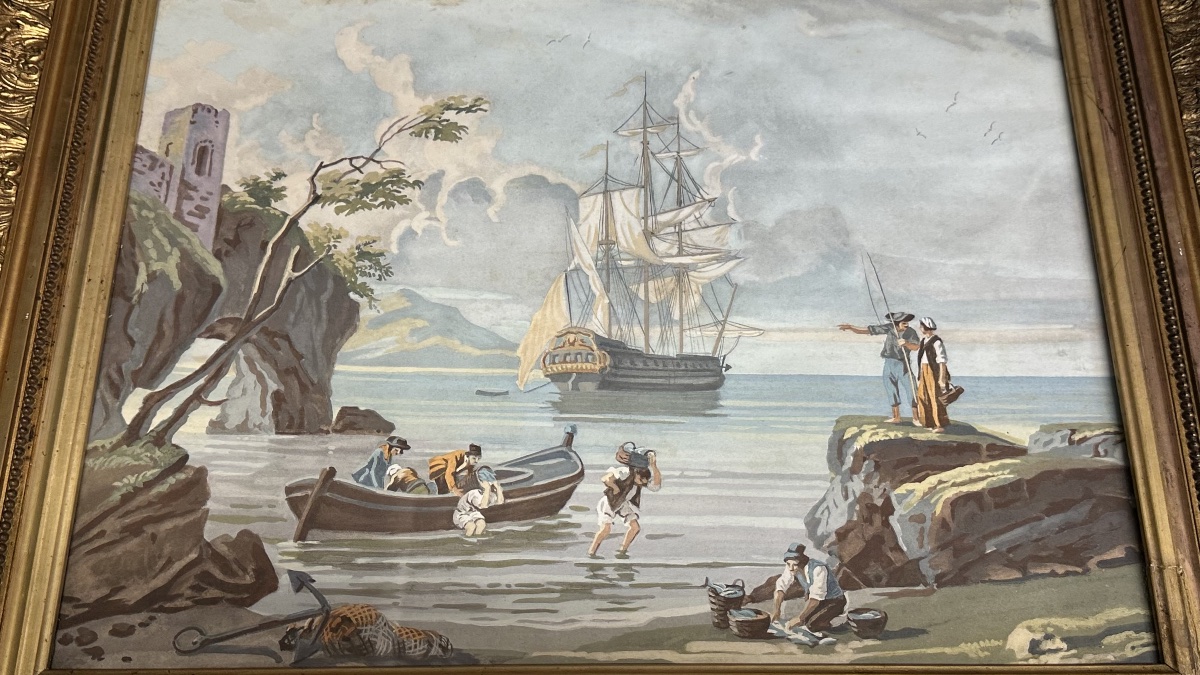Coastal Landscape With A Sailing Ship – Watercolor On Paper, 19th Century-photo-2