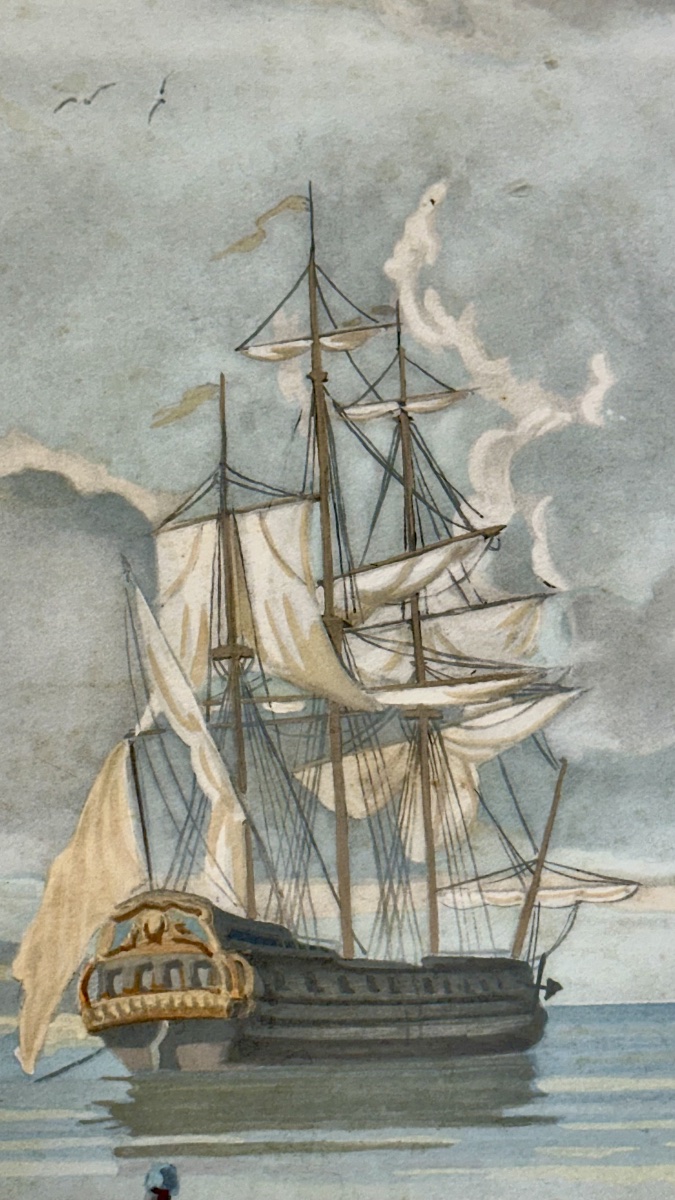 Coastal Landscape With A Sailing Ship – Watercolor On Paper, 19th Century-photo-3