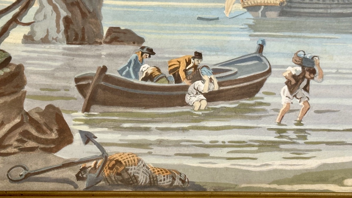 Coastal Landscape With A Sailing Ship – Watercolor On Paper, 19th Century-photo-4