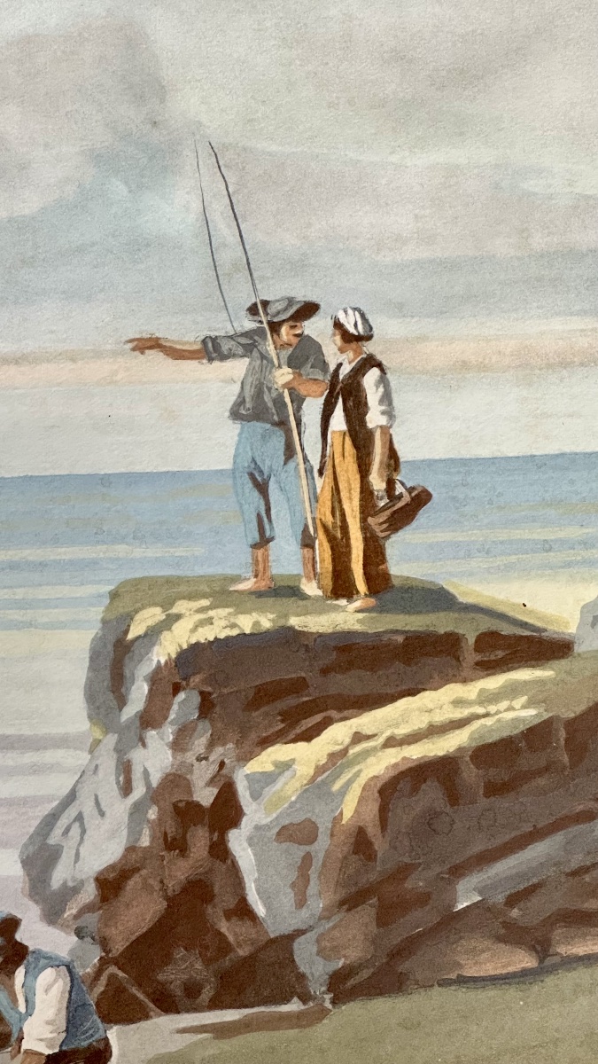 Coastal Landscape With A Sailing Ship – Watercolor On Paper, 19th Century-photo-2