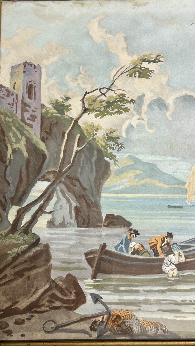 Coastal Landscape With A Sailing Ship – Watercolor On Paper, 19th Century-photo-3