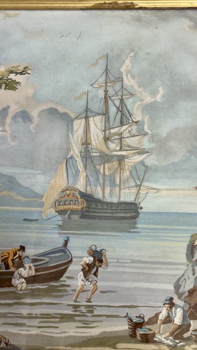 Coastal Landscape With A Sailing Ship – Watercolor On Paper, 19th Century-photo-4