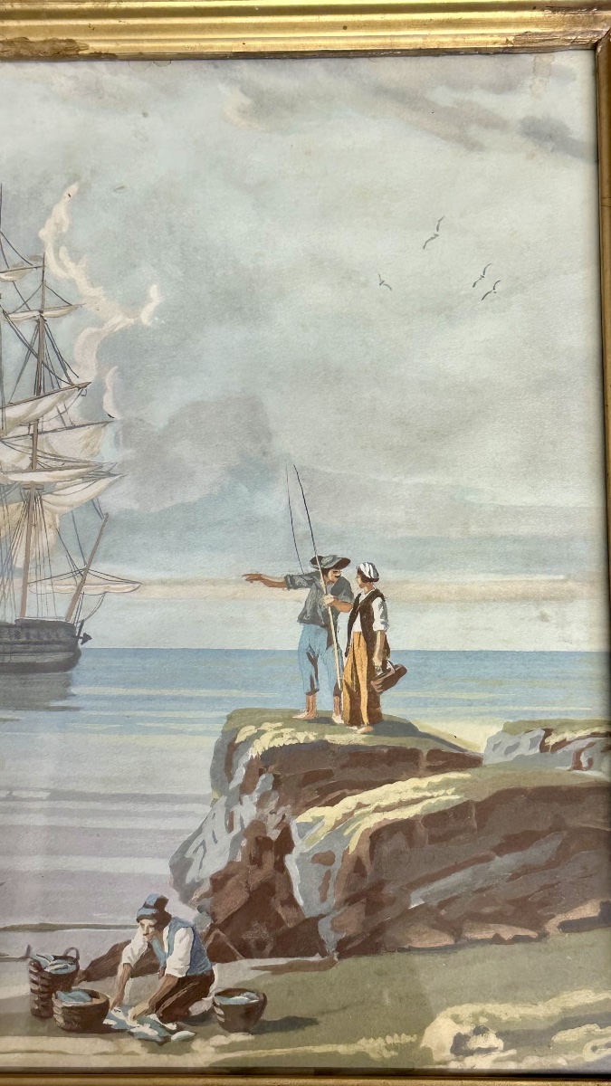 Coastal Landscape With A Sailing Ship – Watercolor On Paper, 19th Century-photo-5