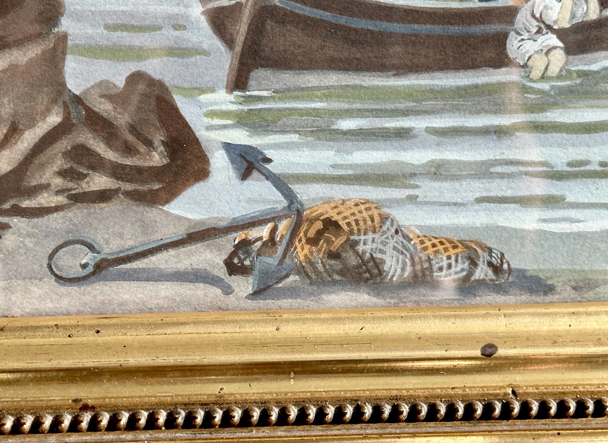 Coastal Landscape With A Sailing Ship – Watercolor On Paper, 19th Century-photo-6