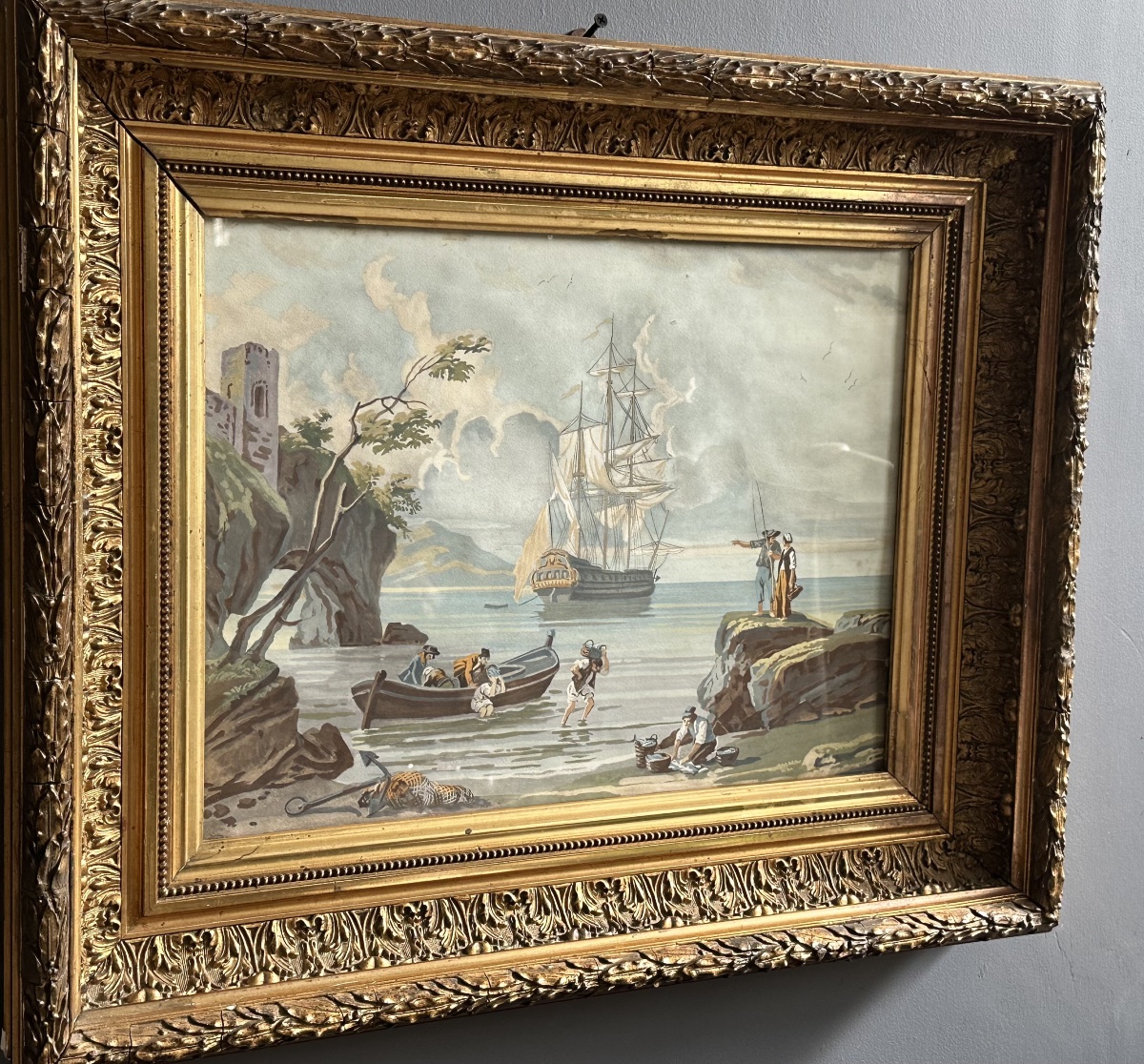 Coastal Landscape With A Sailing Ship – Watercolor On Paper, 19th Century