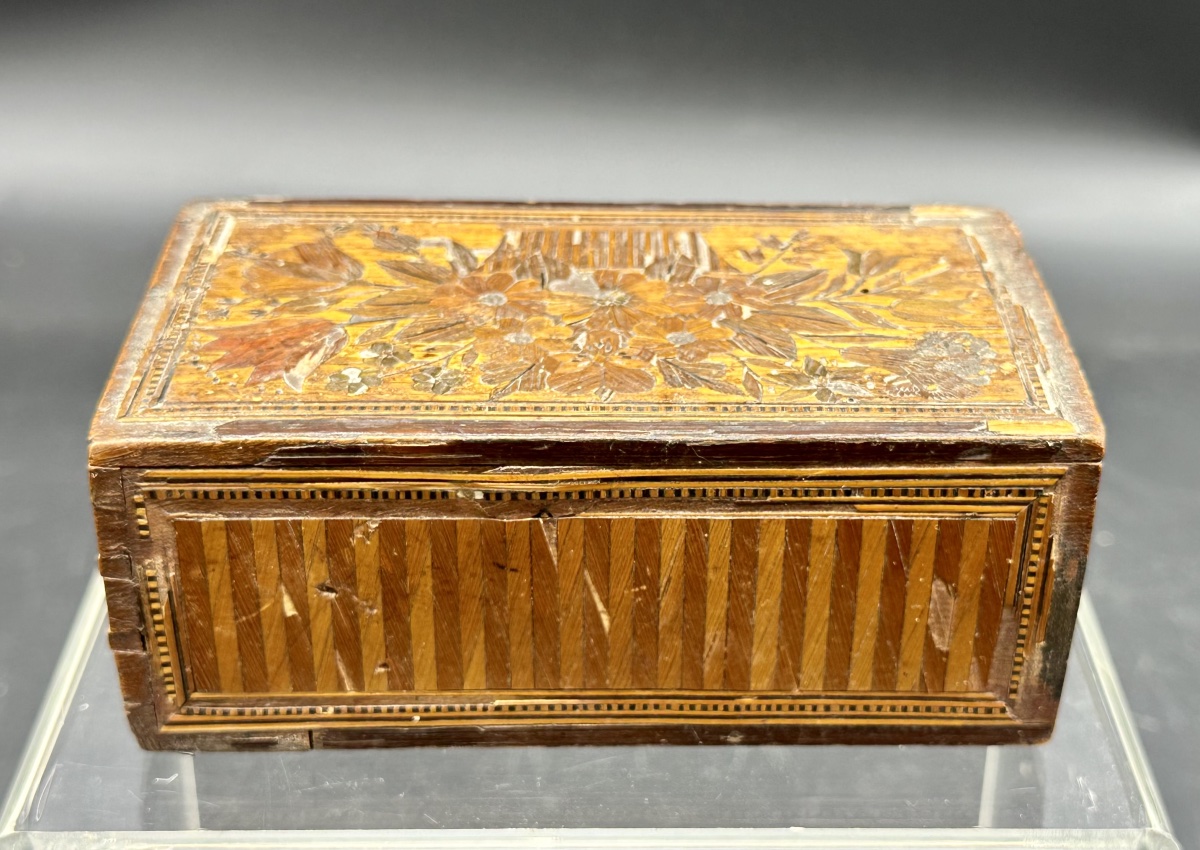 Sewing Box Inlaid With Polychrome Straw, 19th Century-photo-3