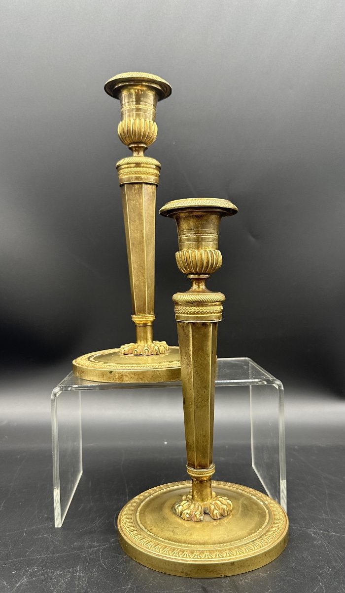Pair Of Gilded Bronze Candlesticks, 19th Century -photo-2