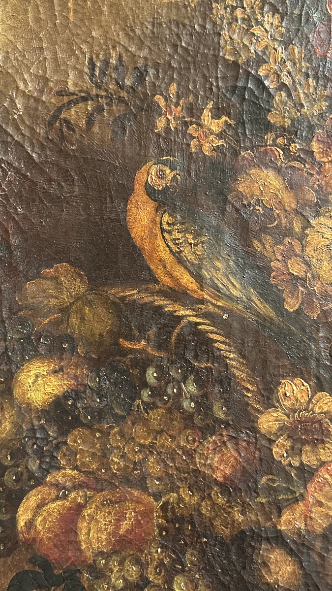 Peinture à l'huile sur toile « Nature morte aux fleurs, fruits et oiseau » – XVIIe siècle-photo-2