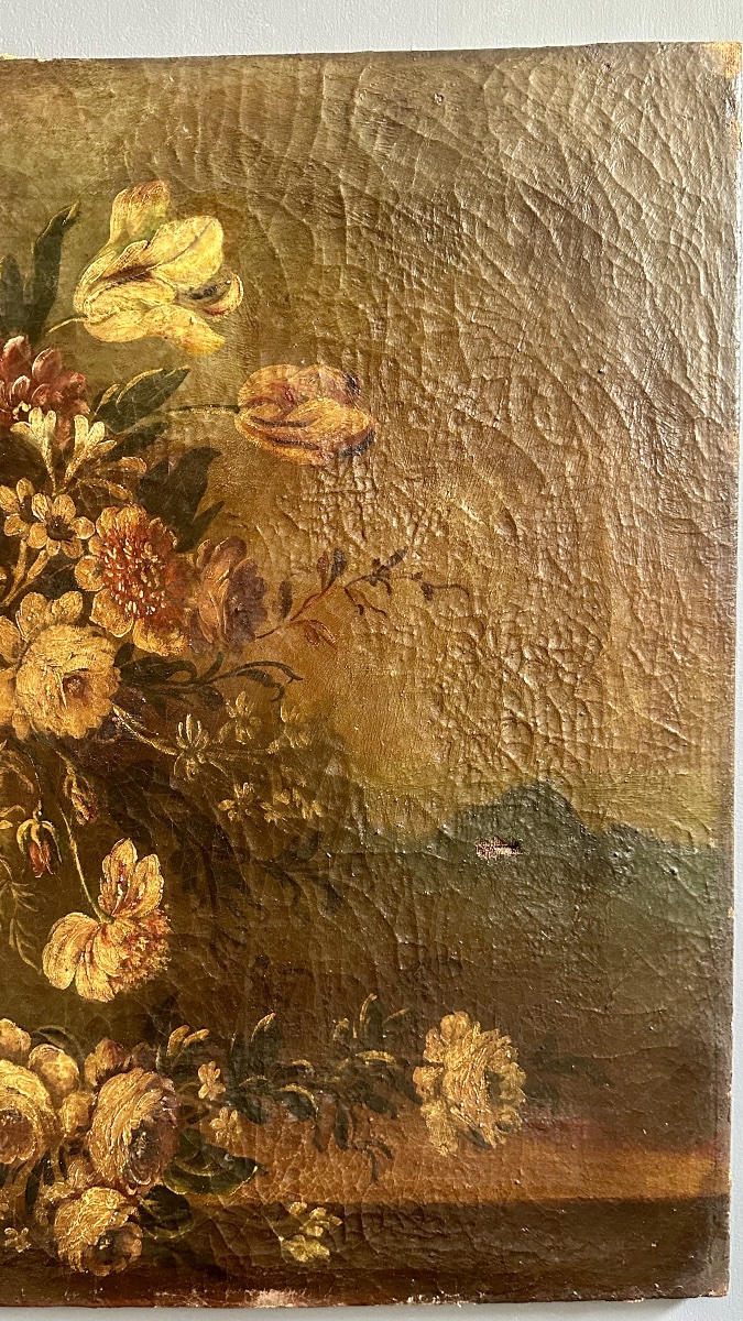 Peinture à l'huile sur toile « Nature morte aux fleurs, fruits et oiseau » – XVIIe siècle-photo-4