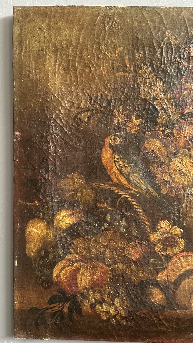 Peinture à l'huile sur toile « Nature morte aux fleurs, fruits et oiseau » – XVIIe siècle-photo-1