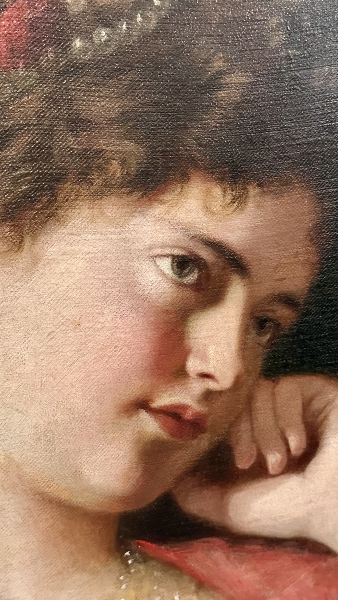 Painting, Oil On Canvas, “portrait Of A Young Woman In A Pensive Pose” – Late 19th Century-photo-3