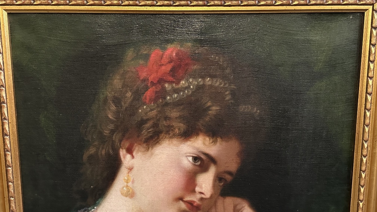 Painting, Oil On Canvas, “portrait Of A Young Woman In A Pensive Pose” – Late 19th Century-photo-3