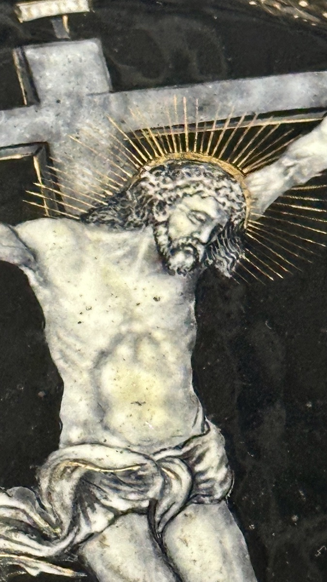 Limoges Enamel Plaque Depicting Christ On The Cross - France, 19th Century-photo-2