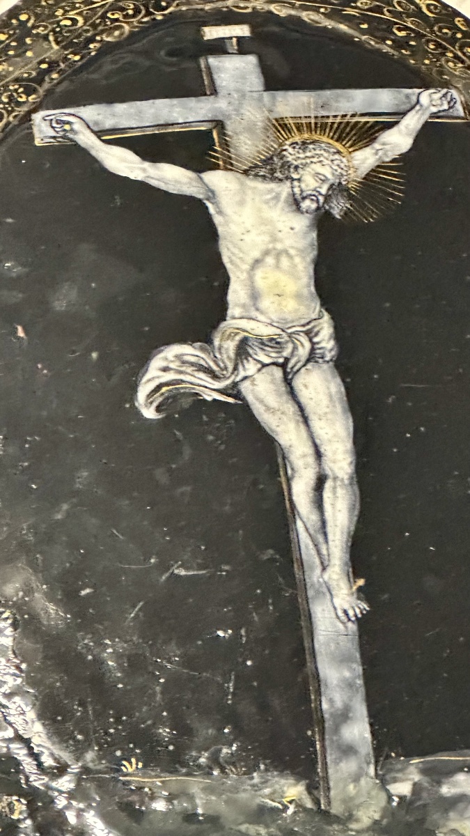 Limoges Enamel Plaque Depicting Christ On The Cross - France, 19th Century-photo-3