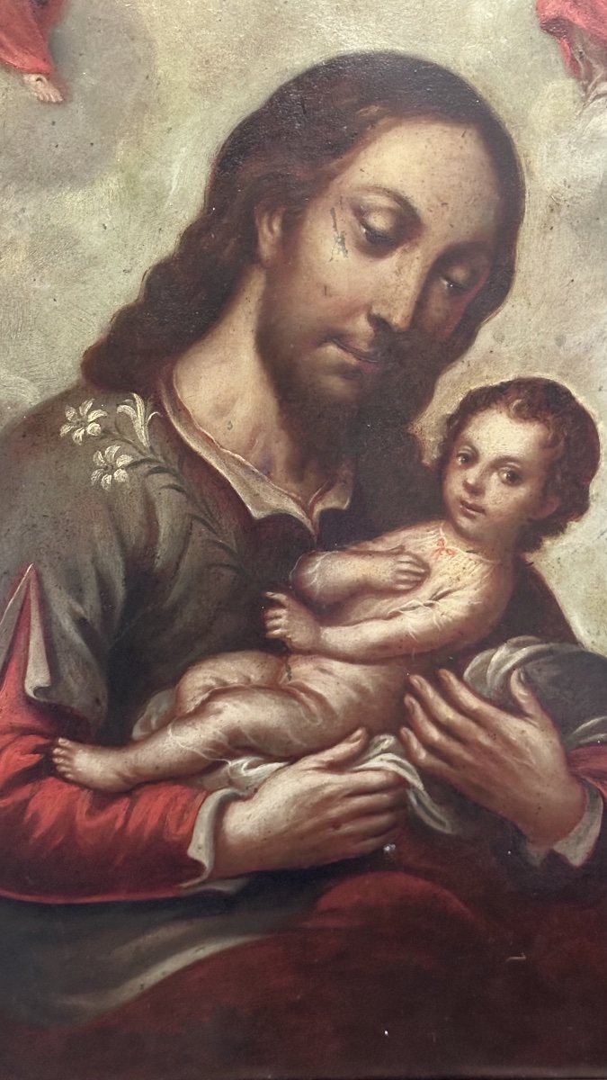 Painting, Oil On Copper, “st. Joseph With The Child And The Glory Of The Trinity” – 18th Century-photo-3
