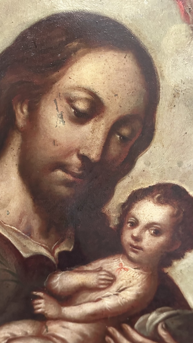 Painting, Oil On Copper, “st. Joseph With The Child And The Glory Of The Trinity” – 18th Century-photo-2