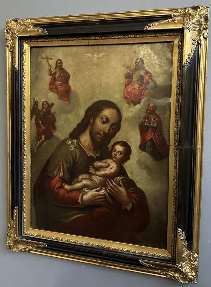 Painting, Oil On Copper, “st. Joseph With The Child And The Glory Of The Trinity” – 18th Century