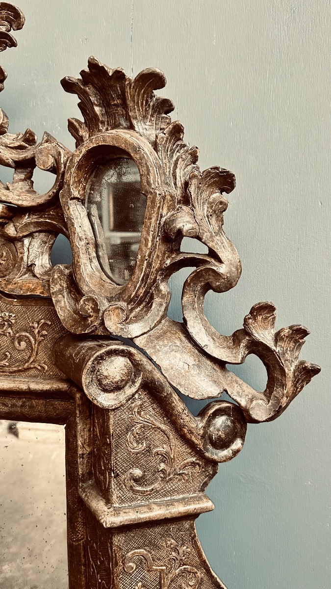 Miroir baroque en bois sculpté et argenté, XVIIIe siècle-photo-1