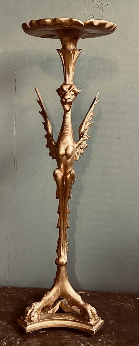 Neogothic Gilded Wooden Vase Stand – Winged Griffin, 19th Century -photo-2