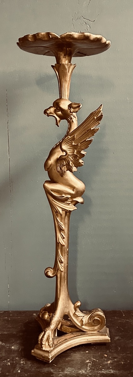 Neogothic Gilded Wooden Vase Stand – Winged Griffin, 19th Century -photo-3