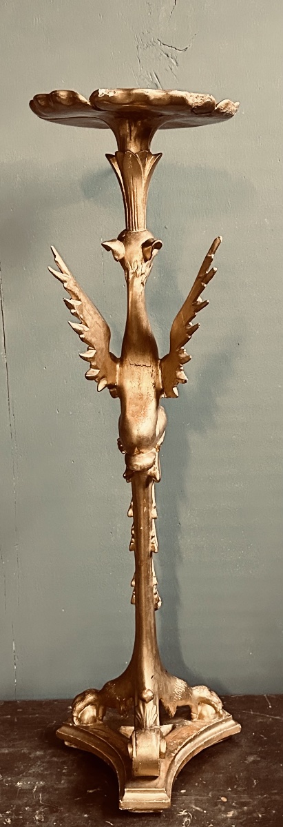 Neogothic Gilded Wooden Vase Stand – Winged Griffin, 19th Century -photo-4