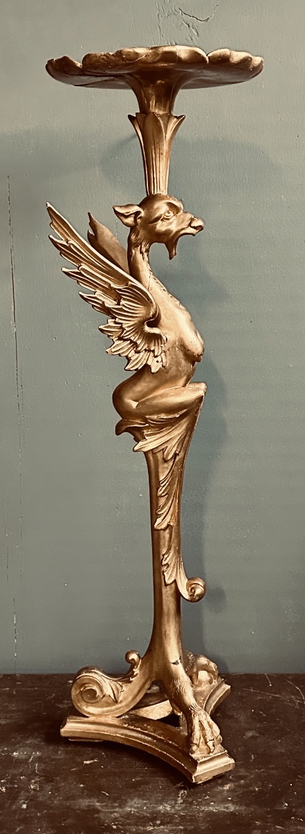 Neogothic Gilded Wooden Vase Stand – Winged Griffin, 19th Century -photo-1
