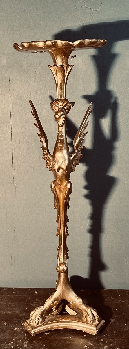 Neogothic Gilded Wooden Vase Stand – Winged Griffin, 19th Century 